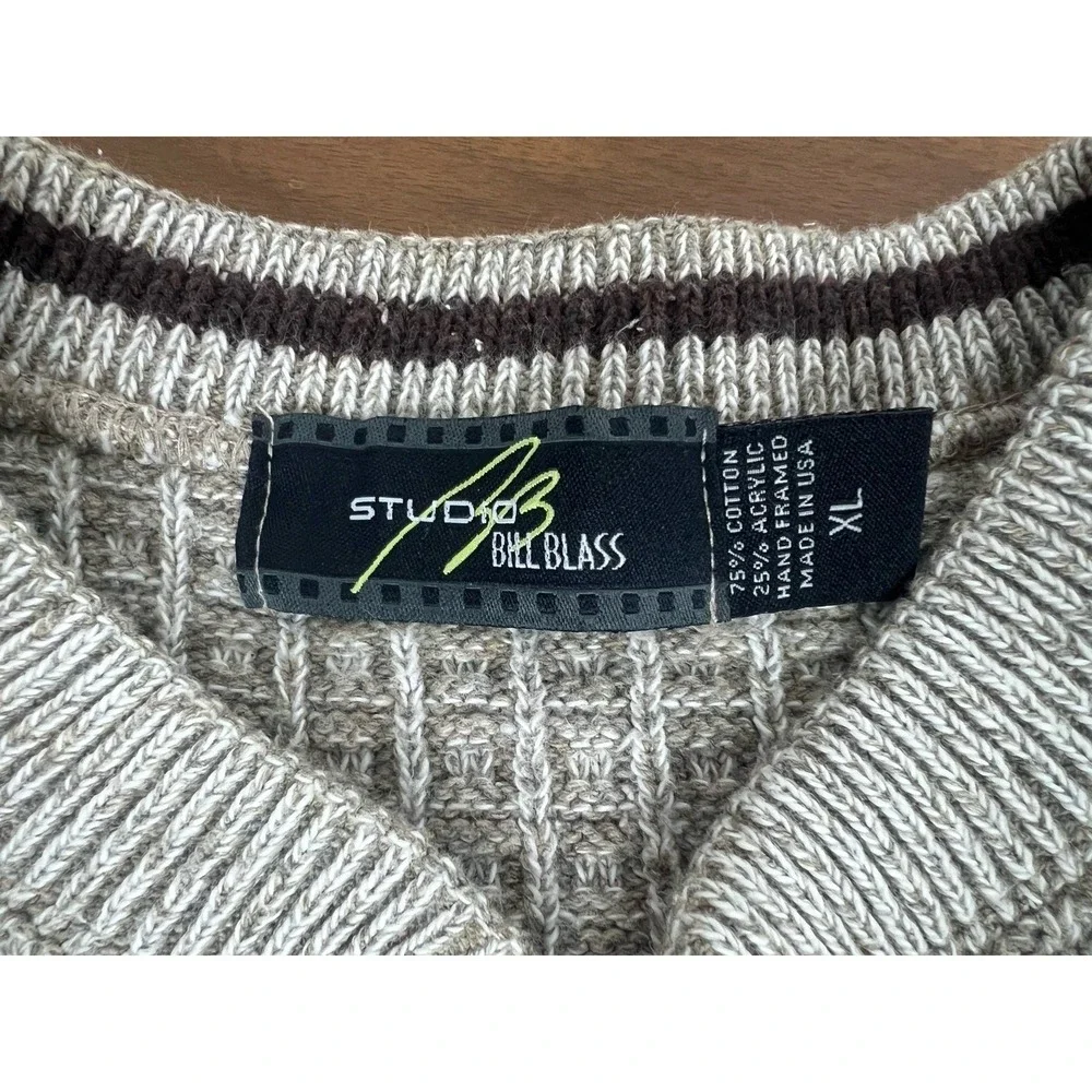 Studio Bill Blass Sweater Men's XL Tan 3D Textured Knit Crewneck‎ Button Vintage